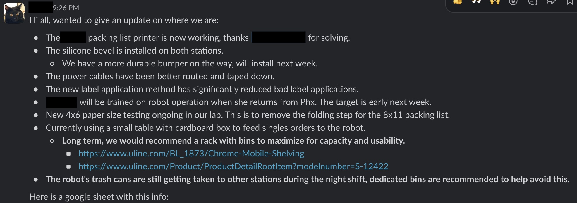 Deployment update screenshot showing field fixes, operator training, routing changes, bumper changes, and recommended bins for a deployed robot workflow